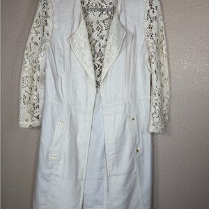 Chico's Ivory Linen Blend Open Front  Lace Sleeve Jacket Sz 0